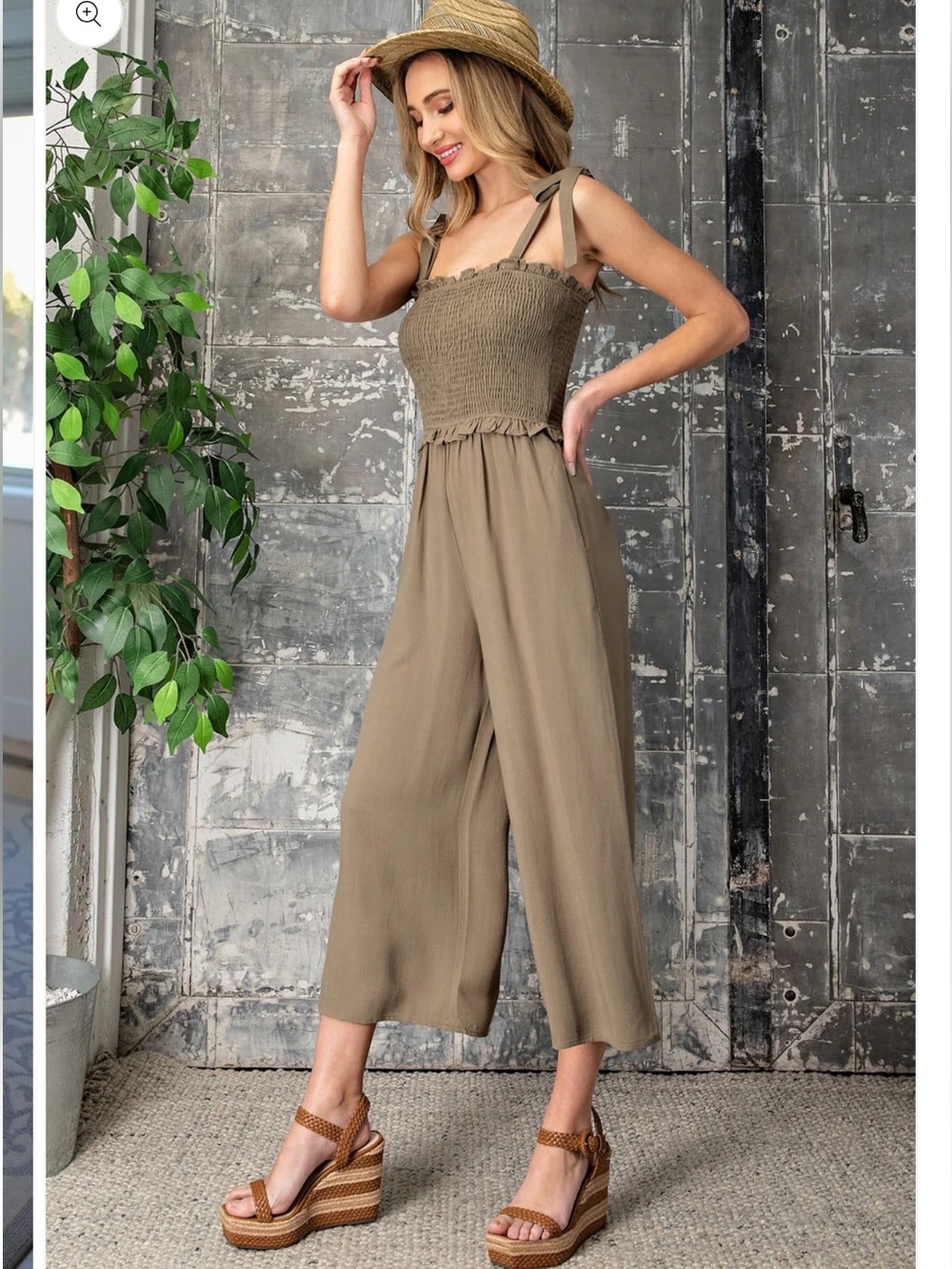 Smocked Tie-Strap Wide-Leg Jumpsuit in Olive